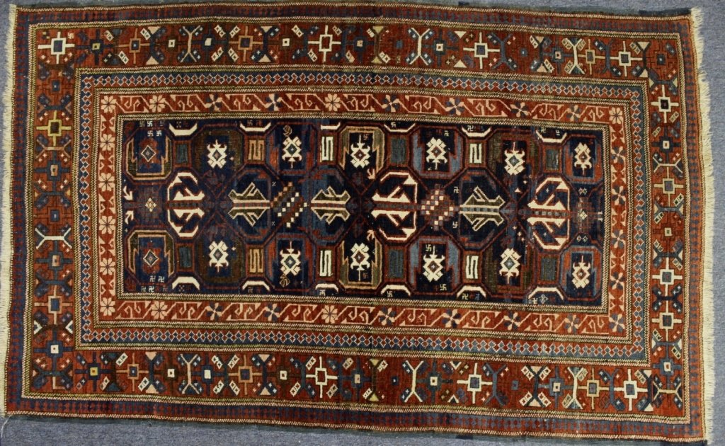 Caucasian Rug: Caucasian Rug, blue ground, red primary and inner border(DMAS7717)(WT) Measurements:3' 8" x 5' 10" Property Title:From a Newtown Connecticut Collector