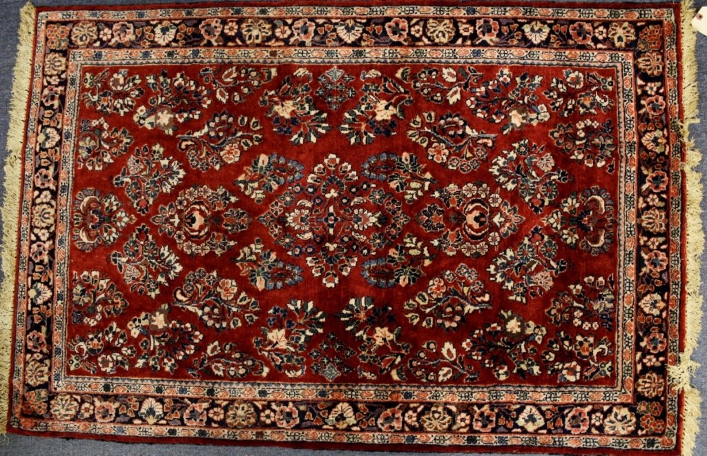 Sarouke Rug, Bright Red Field: Sarouke Rug, bright red field, with small blue and white flowers, dark blue primary border(DMAS7716)(WT) Measurements:3' 5" x 5' Property Title:From a Newtown Connecticut Collector