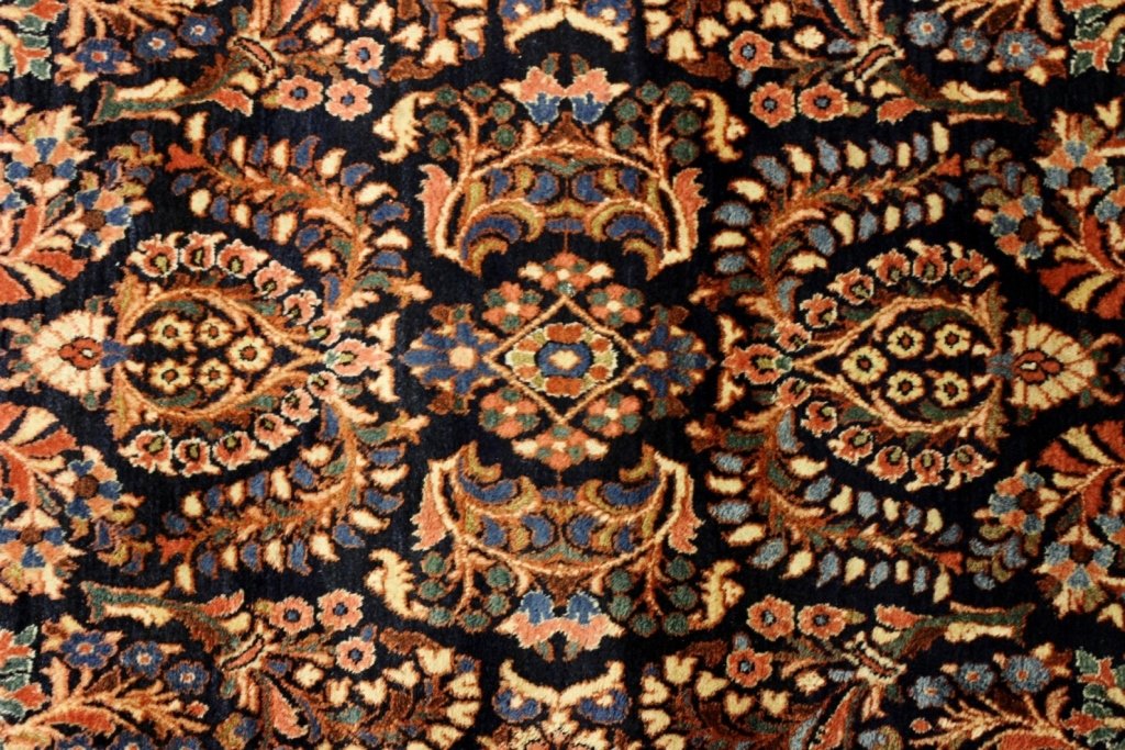 Kashan Style Sarouke Rug, with Floral Groups: Kashan Style Sarouke Rug, with all over large floral groups in red and white on blue ground(DMAS7705)(WT) Measurements:4' 4" x 6' 5" Property Title:From a Newtown Connecticut Collector