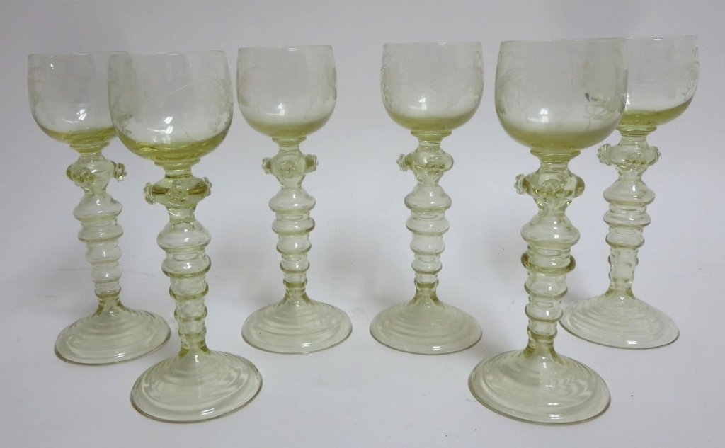 Six Vintage Swedish 17th C. Style Wine Glasses: Set of Six Vintage Swedish Wine Glass in 17th C. Style, pale yellow etched glass on tall stems.(LCA7201/6)(WK) Measurements:7.5 H Property Title: