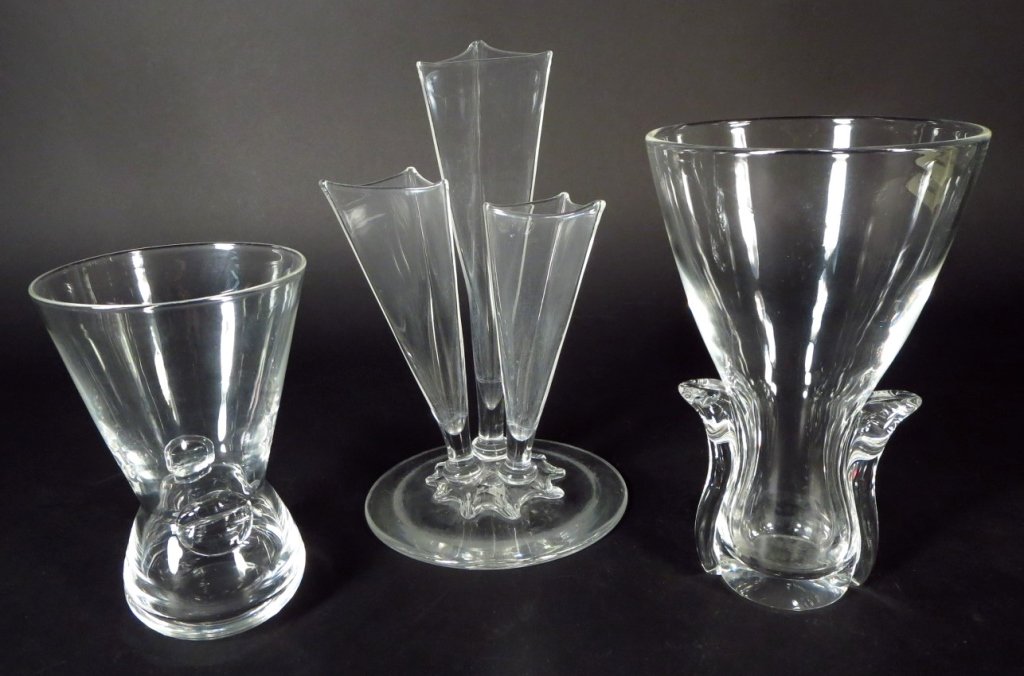 3 Steuben Crystal Vases, 20th: 3 Steuben Crystal Vases, 20th, one triple vase(DMAS7175/3)(MM) Measurements:6 x 4 1/2, 8 x 5, 9 1/2 x 5 Property Title:From a Newtown Connecticut Collector