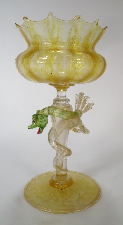 Murano Chalice with Winged Dragon: Murano Aventurina Chalice, with a Winged Dragon entwined around the stem.(VAT7209)(WK) Measurements:10 H Property Title: