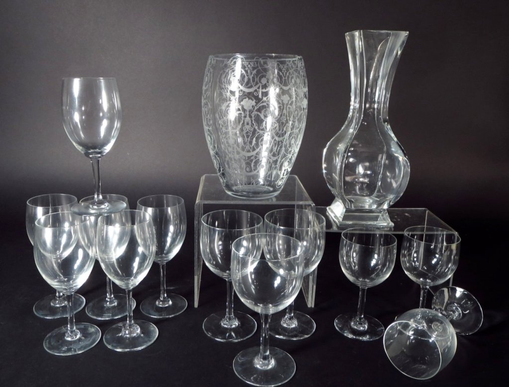 Grp. of Baccarat Tableware,20th: Group of Baccarat Pieces, includes 2 vases and 10 glasses, marked(DMAS7189/12)(MM) Measurements:Vase 7 1/2 and 10"H Property Title:From a Newtown Connecticut Collector