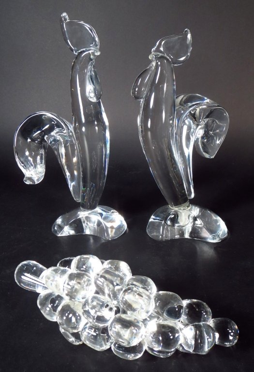 Pr. of Steuben Crystal Roosters and Grape,20th: Pr. of Steuben Crystal Roosters and Grape, 20th, signed(DMAS7171/3)(MM) Measurements:11" x 5" x 4" Property Title:From a Newtown Connecticut Collector
