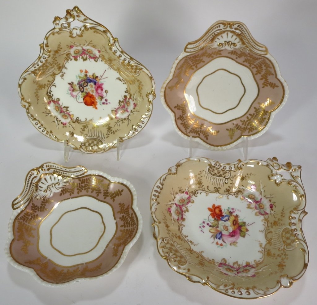 Two Pairs of English Dessert Dishes, c. 1830's: Two Pairs of English Porcelain Dessert Dishes, c. 1830's, one with a floral spray with a gilt and ivory border, the other pair is Spode with floral gilt decoration.(CLAR7206/4)(WK) Measurements:9 and 