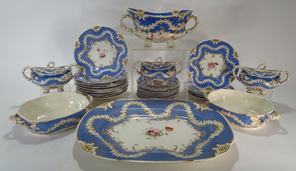 Partial Set 28 Rockingham Dinnerware Eng. 19th C.: Partial set 28 Rockingham Dinnerware England, 19th C. Comprises: Three (3) small serving bowls w/ lids, repairs and interior hair-line cracks, one (1) large footed double handled flared bowl, handle r