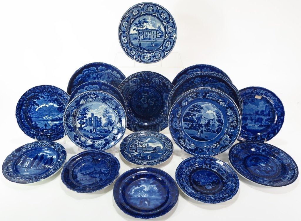 Lot 16 Blue Staffordshire Plates English, c. 1800: Lot of 16 Blue Staffordshire Assorted Luncheon & Salad Plates, English, c. 1800. Includes: Adams, Clews, Wood & Son, Wood, Stubbs & Kent, Longport.(DTHO7421/16)(AC) Measurements:Approx: 6 3/4" to 9 1/