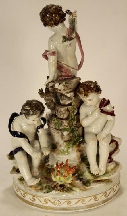 Ludwigsburg Porcelain Group Putti / Cherubs 18th C: Ludwigsburg (1758-1793) Porcelain Group w/ three Putti / Cherubs around a bon fire, German, 18th C., underglaze blue mark and inscribed, "Marion".(NORTH7409)(AC) Measurements:16" x 10" dia. Property T