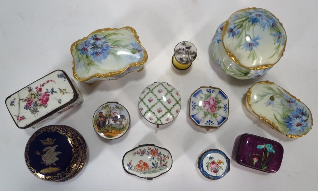 12 Porcelain or Enamel Boxes, 18th-20th C.: 12 Porcelain or Enamel Boxes, 18th-20th C., Mostly French (12 pcs.)(DMAS7551/12)(WT) Measurements:Largest: 3" H x 3 1/2" Dia. Smallest: 1 1/2" H x 1 1/4" Dia. Property Title:From a Newtown Connecticut