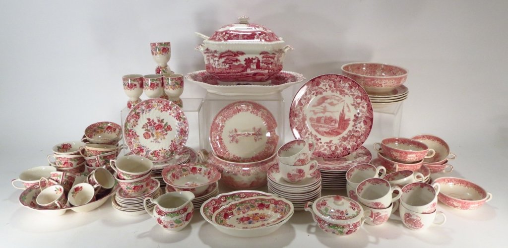 Lot of Fr./Eng. Red Transferware, 20th C.: Lot of French/English Red Transferware, 20th C., includes Johnson Bros. "Dorchester", Villeroy and Boch "Burgenland",Wedgwood, Copeland Spode"Tower"(DMAS7804/LOT)(MM) Measurements:Varies Property Titl