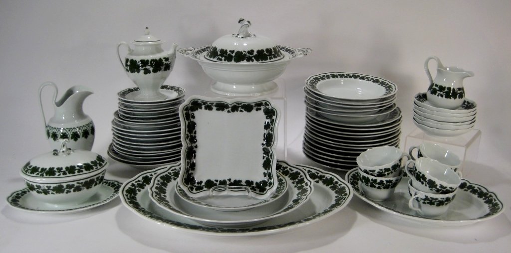 Meissen Porcelain Partial Dinner Set, "Vine& Leaf": A Meissen porcelain Vine and Leaf partial dinner service, German, 20th century, consisting of 12 dinners, 6 luncheon, 2 Cake plates, 4 misc. plates, 4 platters, 5 soup plates, 6 bowls, tureen with und