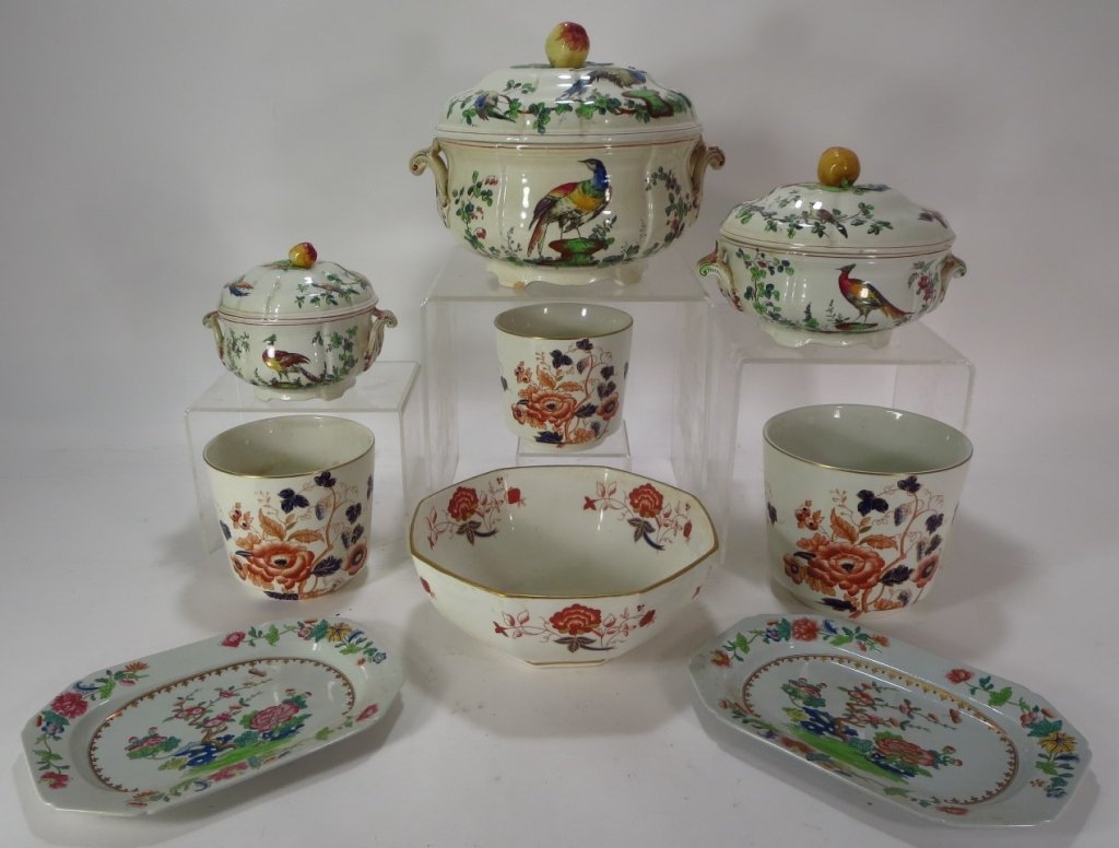 Lot of 9 English Porcelain Pieces: Lot of 9 English Porcelain Pieces, includes Copeland Spode "Blackbird" 2 entree dishes and lidded tureen, small Spode platters, Royal Crown Derby bowl, 3 "Windermere Enoch Wedgewood planters(SLES7120/