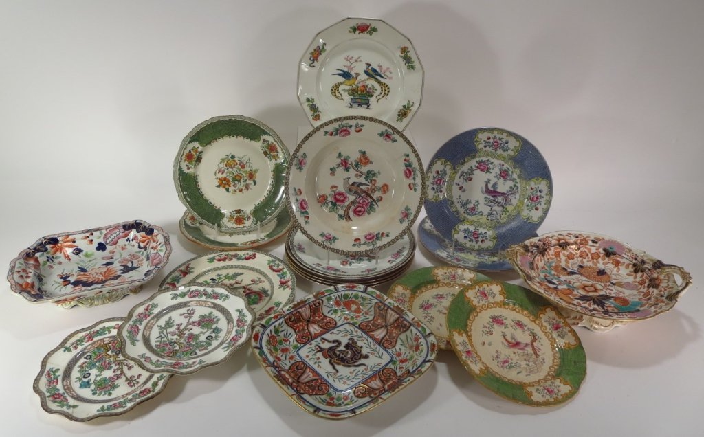 Lot of 19th C. Mostly English Porcelains: Lot of Mostly English Porcelains, 19th C., Aviary themed pieces includes Mintons "cockatrice", Devon Ware, Stone-on-Trent "old bow", Masons Ironstone"Madrigal Patt" and others.(SLES7121/19)(MM) Measur