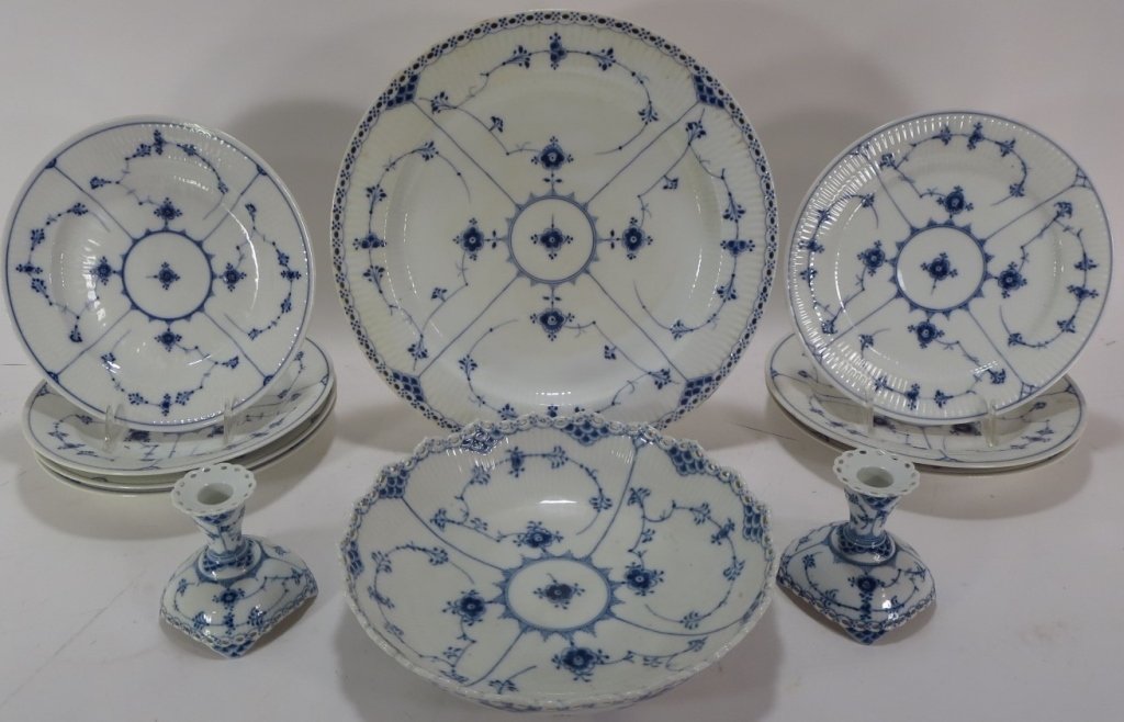 Group of Royal Doulton Porcelain,20th C.: Group of Royal Doulton Porcelain, 20th C., includes pair of candle holders, pierced rimmed bowl, charger and plates(SLES7104/11)(MM) Measurements:4x4 candle holders, 15"diameter charger Property Title