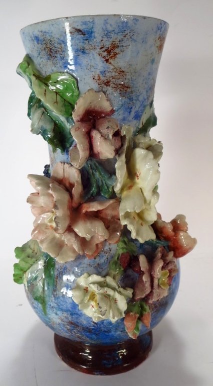 French Barbotine Majolica Vase 19th C.: French Barbotine Majolica Vase, 19thC., marked L on bottom, possibly Longchamps, with floral sprays.(DJOD7231)(WK) Measurements:17 H Property Title: