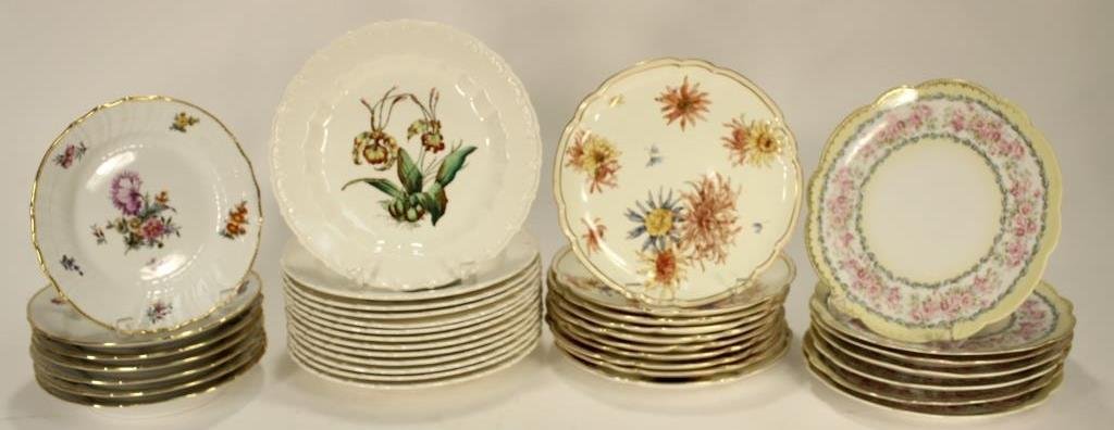 4 Groups of Eur. Floral Decorated Porcelains: 4 Groups of European Floral Decorated Porcelain Plates, 20th, includes Imperial China, Royal Copenhagen, Copeland Spode, Royal Crown Derby(approx. 35 pcs)(DMAS7177/LOT)(MM) Measurements:8-9 Diameter P