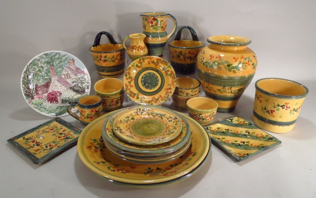 Souleo Provence Handmade Ceramic Tableware.: Souleo Provence Handmade Ceramic Tableware, including plates, bowls, mugs, serving plates and platters, pitchers, vases, utensil holders, together with a plate with house and dog. Provenance: Barnery'