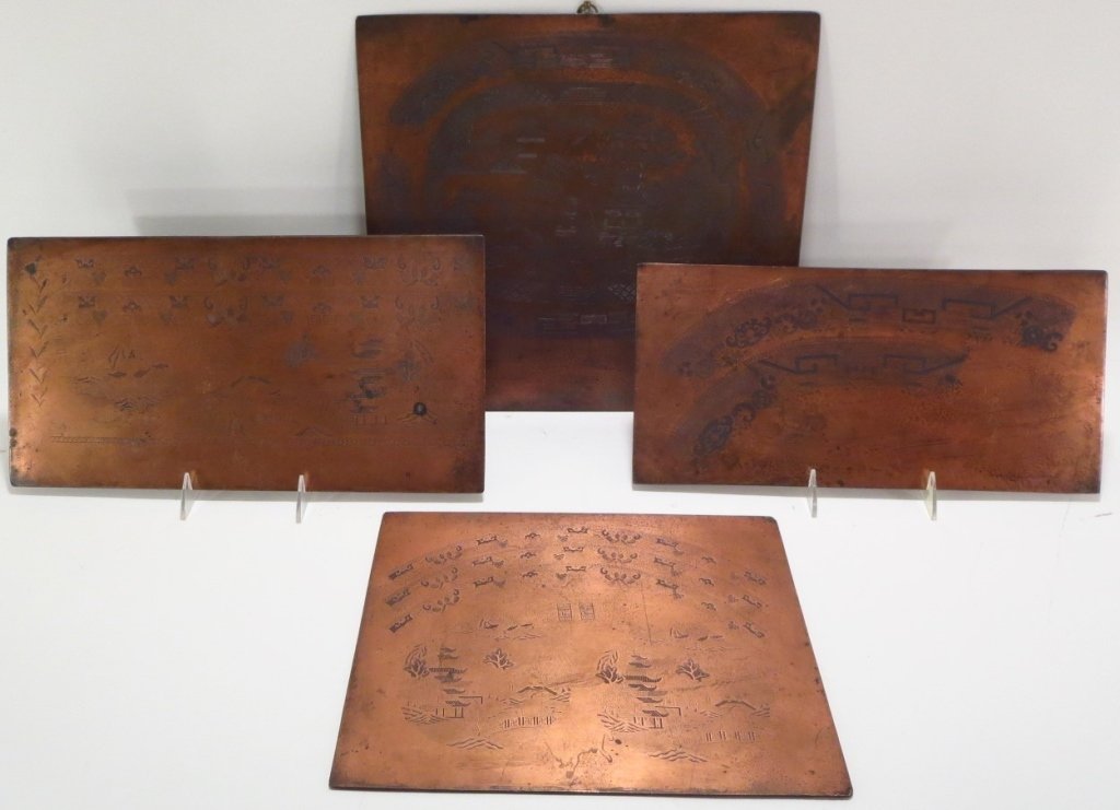 Staffordshire Engraved Copper Plates, c. 1825: A set of four Ralph and James Clews original Engraved Copper Plates for Willow patterned transferware ironstone, approx. 1825. One plate clearly marked with impressed faux Chinese mark. Heavy gauge, t