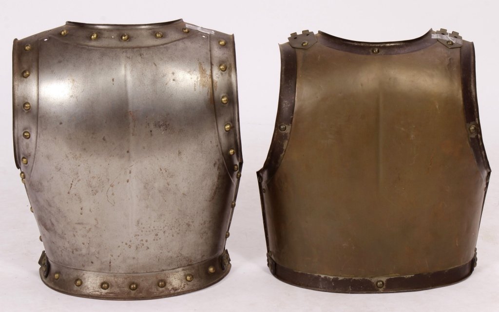 French Cuirass, Mid-19th C., Assembled Set: French Cuirass, Mid-19th C., Assembled Set, 1 piece dated 1831, 1 piece dated 1854. The 1831 piece is brass over steel. Worn by heavy cavalry and lancers as late as WWI, inscribed by maker on inside o