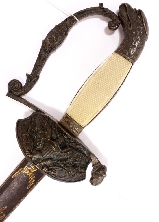 American Navel Officers Sword, Early 19th C.: American Navel Officers Sword, Early 19th C. eagle head pommel, carved bone grip, clam shell guard with American Eagle and shield [AN0009](WSIM7308)(PR) Measurements:38 1/8" L Property Title: