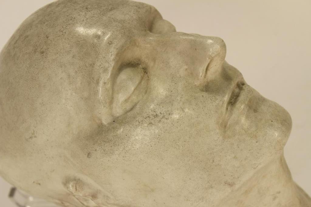 After Antommarcie - Plaster Death Mask of Napoleon: After the reputed original by Doctor Antommarcie, a Louvre Museum Ateliers de Moulage authorized marble patinated plaster plaster recast of Napoleon's St Helena death mask, possibly created in the 1H 