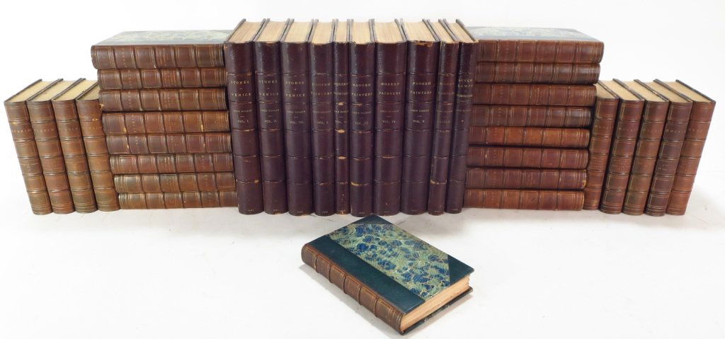 John Ruskin, "The Stones of Venice" and others: John Ruskin, Illustrated Cabinet Edition, Dana Estes & Ci., Boston, c. 1900, 26 of 100 Vols. 3/4 leather bound.; John Ruskin, "The Stones of Venice", 4th Ed., George Allen, Sunnyside, Orpington, Kent,