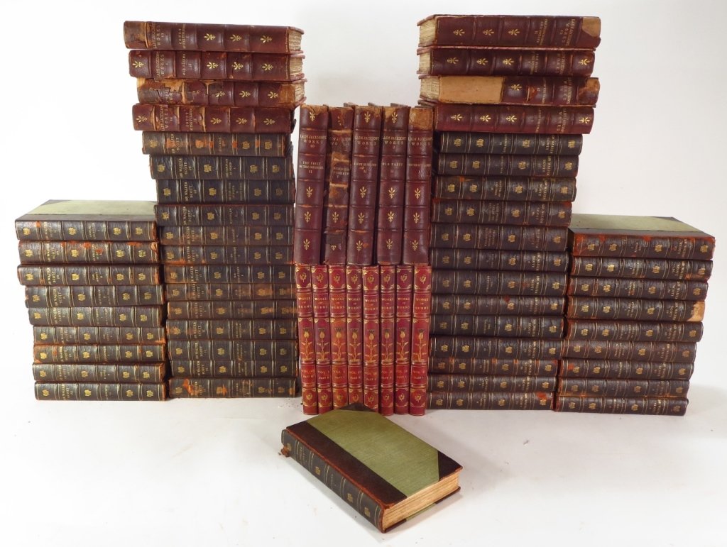 Works of Walter Scott, Lady Jackson & Robt Burns: The Works of Sir Walter Scott, Caledonian Edition, 45 of 50 Vols., partial leather bound; Lady Jackson's Work's, 13 of 14 Vols., Red Morocco leather with marble boards; The Complete Works of Robert Bu