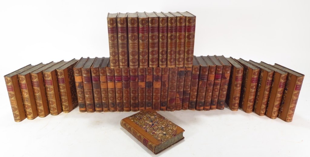 Thackery's Works & Chas. Reade's Works: Thackeray's Works, Handy Volume Edition, Esters and Lauriat, Boston, 20 Vols., 3/4 leather; together with Charles Reade's Works, Chatto and Windus London, 20 Vols., complete set, 3/4 leather.(CLAR7226