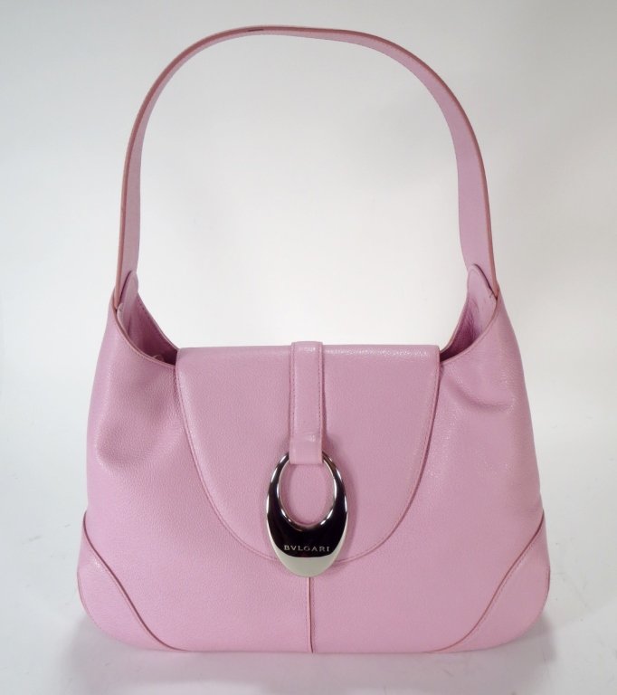 Bvlgari Lavender Shoulderbag: Bvlgari Lavender Shoulderbag. Lavender shoulderbag by Bvlgari. Single comparment suede lined with zip and two slip pockets, magnetic flap closure and signature silver tone hardware. (MCAB8841) {KR} Me