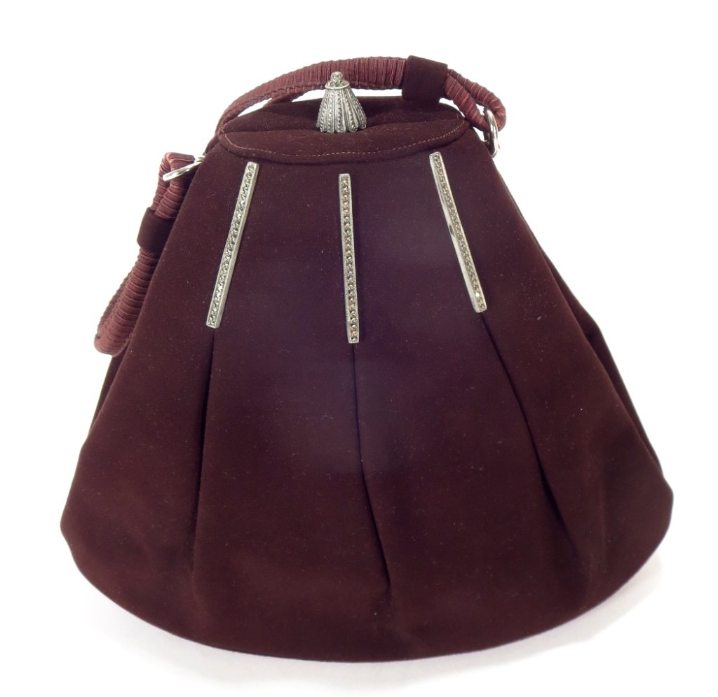 Prestige Vintage Brown Suede Evening Bag: Vintage brown suede evening purse by Prestige. Brown satin lining wih slip pocket, double fabric corded handle, triangular form with front darts and marcasite accents and top snap closure. (AMYG8806) 