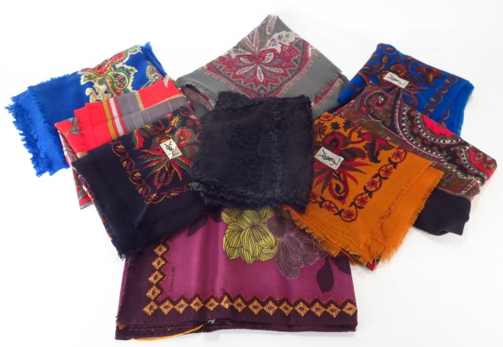 Etro Wool Challis Scarf & Others: Nine designer scarves. Eight wool challis by YSL, Vivienne, Etro, & others. One black chantilly lace - no label. (AMYG8814/9) {KR} Property Title: From the Collection of Amy Greene, NYC. “Greene, 83