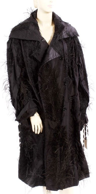 Yves St Laurent Feather & Button Coat: Black silk blend coat by Yves St Laurent - Rive gouche - Made in France. Black feather embroidered all over accent, squared off collar, lace up detail on arm interior, front slip pockets and black but