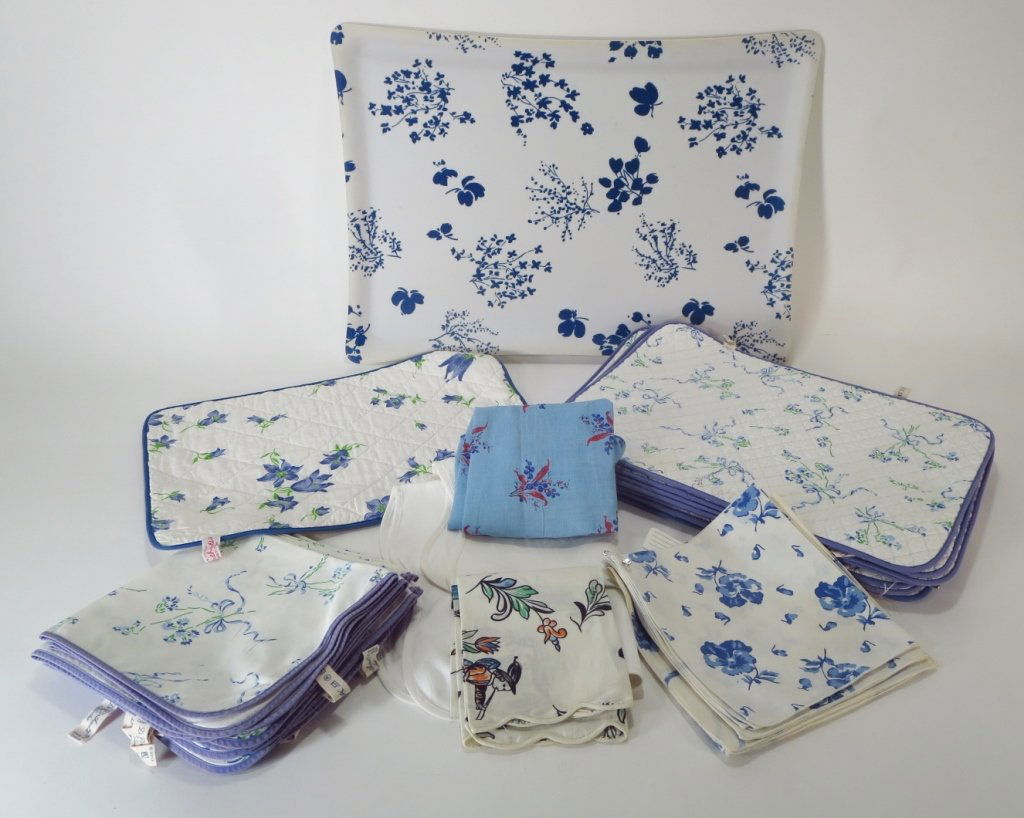 D. Porthault Accessories: D. Porthault Blue and white accessories. Floral laminate tray (15"x22") three white placemats, three guest towels, nine quilted placemats, blue and white, 8 matching with 11 matching napkins and other