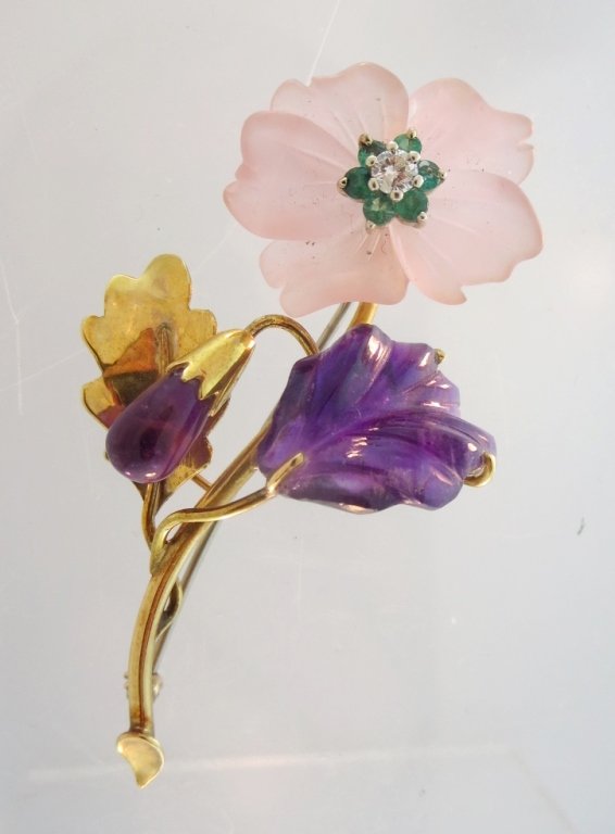 18K Floral Diamond & Multi Stone Brooch (1 of 7)