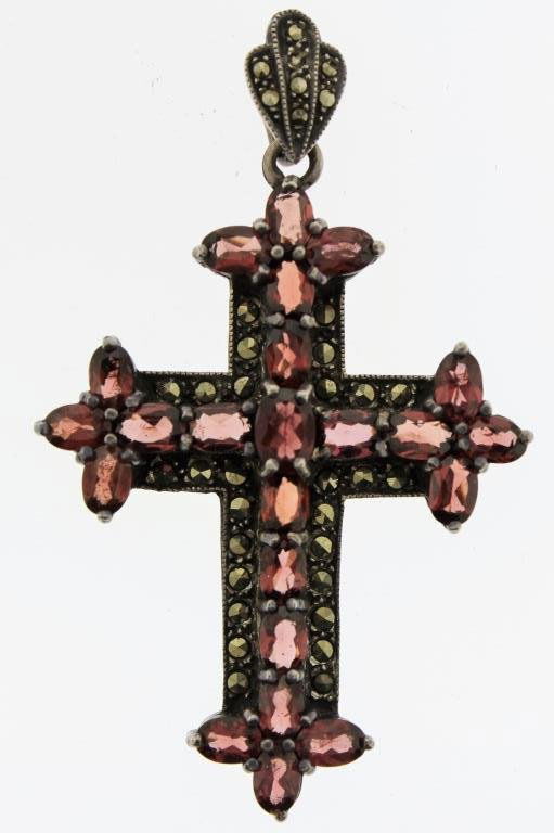 Sterling, Garnet & Marcasite Cross Pendant (1 of 4)