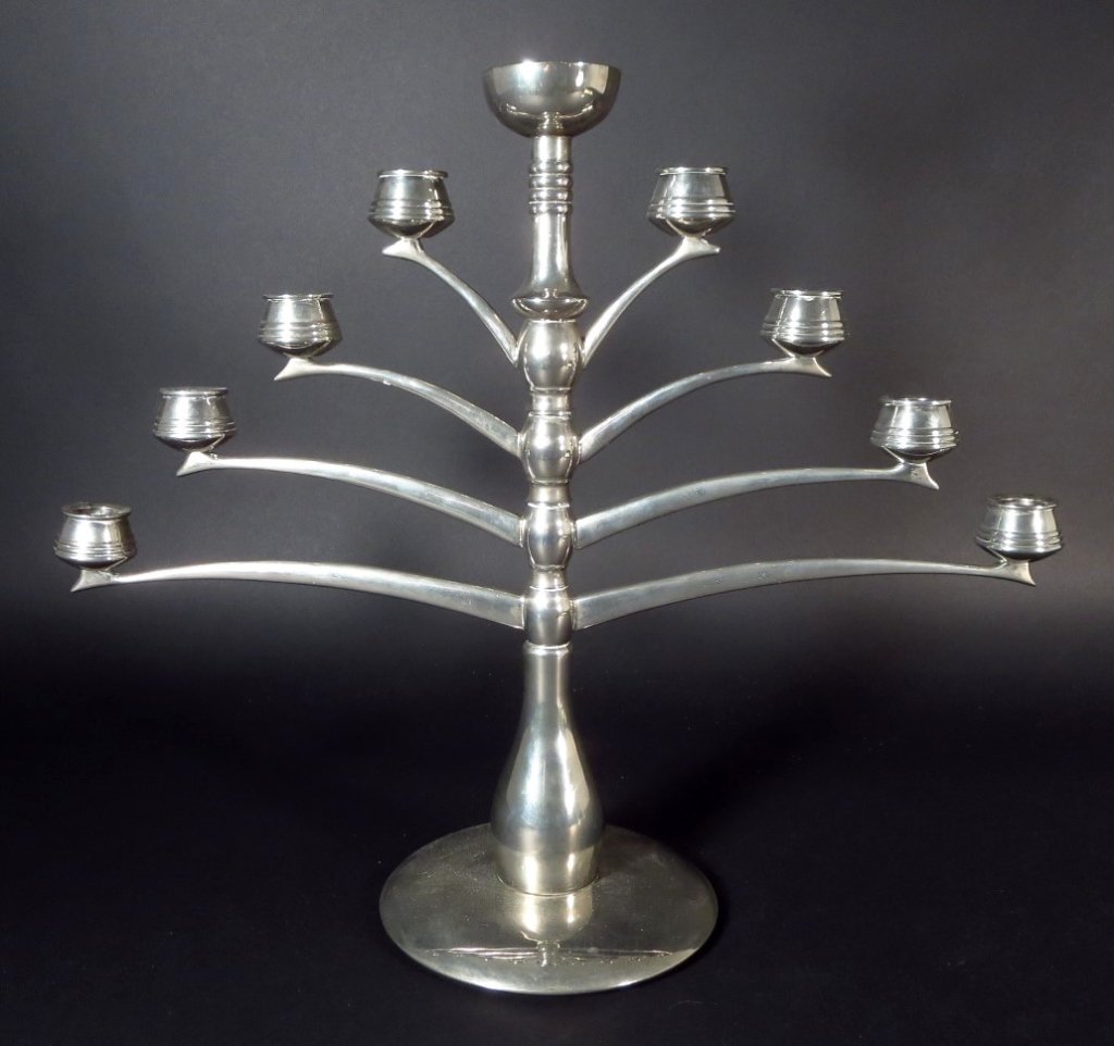 Midcentury Modern Menorah, Chrome, unsigned: Midcentury Modern Menorah, Chrome, unmarked. (JRUB8003) {TC} Measurements: 17.5" H x 20" W