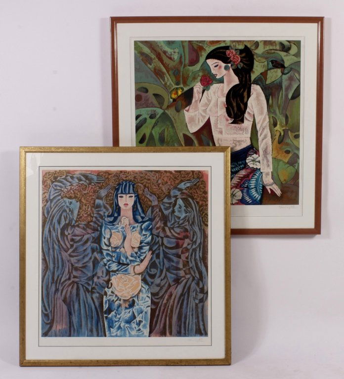 Zhou Ling, China, "Girl", "Goddess", 2 Silkscreens: Zhou Ling , China, b. 1941, "Girl & Rose", and "Goddess of Roses", 2 Silk Screens, each pencil signed and numbered. (LWEL7001/2) {TC} Property Title: Measurements: each 33 x 33, each framed 42 x 44