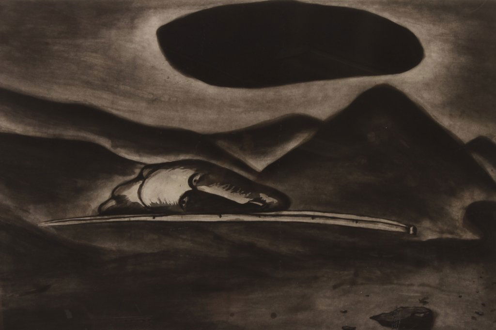 Enzo Cucchi,It.,Un-Immagine Oscura,litho: Enzo Cucchi, Italian, b.1949, "Un-Immagine Oscura", 1982, lithograph, signed and numbered 29/30 (LHED8103) {MM} Property Title: From a Washington Connecticut Estate Measurements: 34" x 54",framed 49"