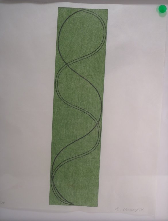 Robert Mangold, Green Column Figure, signed: Robert Mangold, Am., b.1937, Green Column Figure, color screen print on paper, pencil numbered 19/100, signed (SW2115) {MM} Property Title: Measurements: 5 x 19, sheet 16 x 20, framed 23 x 19