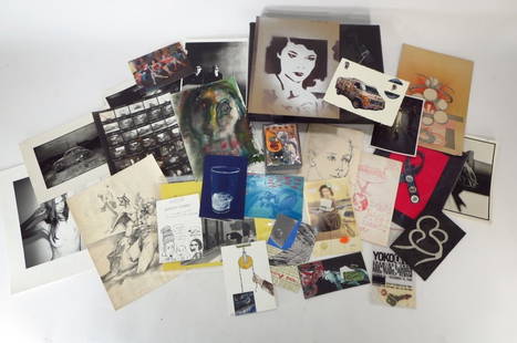 Lot of 20 Various Works of Art 20th C.: Lot of Approx 20 Various Works of Art, includes photos, small paintings and watercolors and a Yoko Ono Key from "Blood Objects" includes Marcia Resnick, Michael Nafzigar, Ron Galella, Marcia Grostein