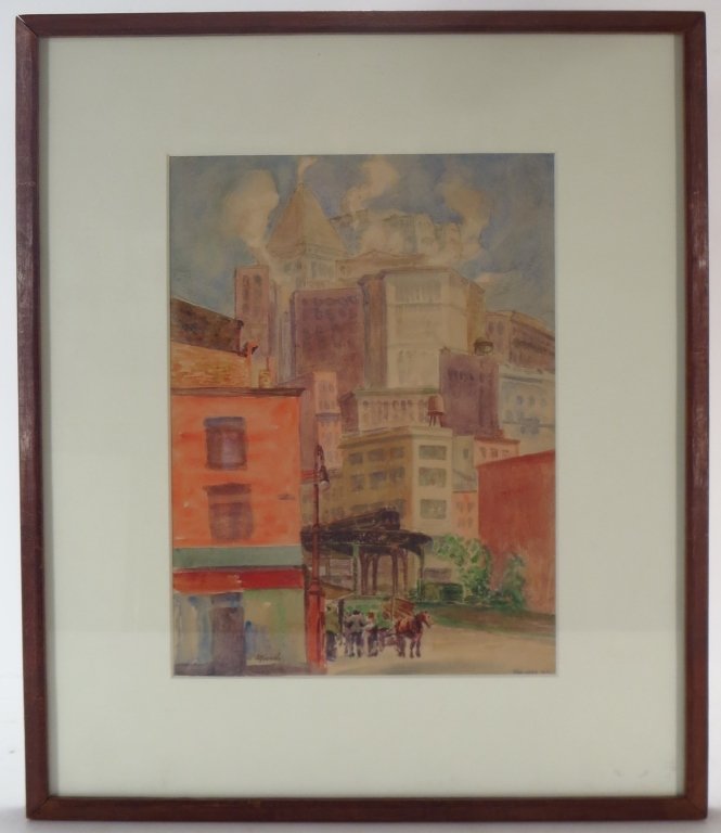 Reginald Marsh, Am., 1898-1954, NYC, 1929, W/C: Reginald Marsh, American., 1898-1954, A lower Manhattan scene, 1929, watercolor. signed lower left and inscribed and dated lower right. NOTE: possibly near Marsh's 1929 Union Square studio location. T