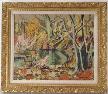 Henri Masson (1907-1996) Landscape O/C 20th C.: Henri Masson (Belgian-Canadian 1907-1996) Landscape O/C 20th C., signed lower right. Gallery labels on verso: "The Isaacs Gallery, Toronto Canada" and "Uptown Gallery, Madison Ave., N.Y." (PARO8402) {