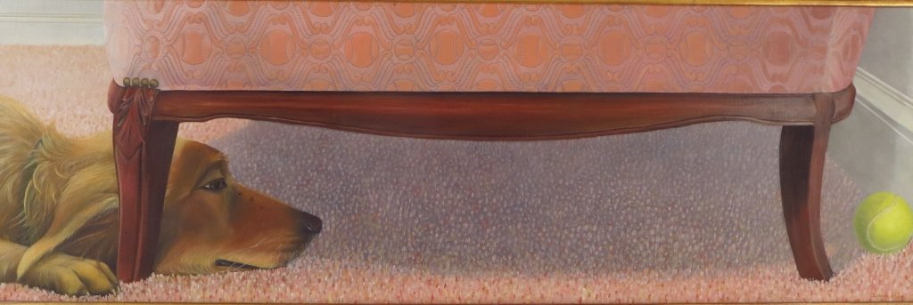 L. Pugh, Where's my Ball? O/C Signed.: Lorena Pugh, American, Where's my Ball?, oil on canvas, signed lower right. (FMAL8214) {WK} Property Title: Measurements: 10 x 30 Framed: 13 x 33