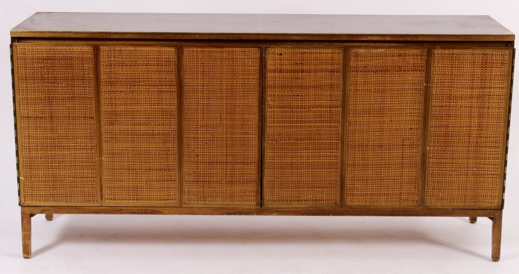 Paul McCobb Wood, Rattan and Brass Dresser: Paul McCobb Wood and Rattan Dresser with Brass Trim, c. 1950's. with drawer behind the rattan doors. (GJ458201) {WK} Property Title: From a Private Collection, 45 East 85th St., NYC. Measurements: 34
