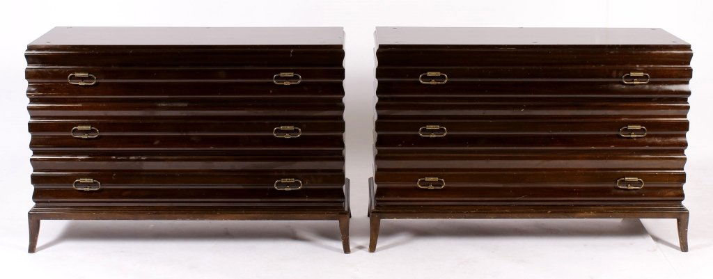 Pair: Parzinger Originals "Wavy" Commodes, Brass Pulls (1 of 8)