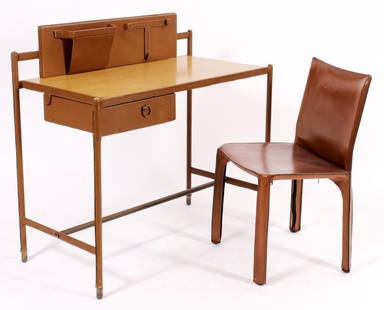 Jaques Adnet, Fr., Modernist Desk for Hermes: Jaques Adnet, French, 1900-1984, Hand stitched leather over metal, wood writing surfaced desk for Hermes,c.1960, pivoted drawer sold with Bellini for Cassina Italian leather side chair, chair bears ma