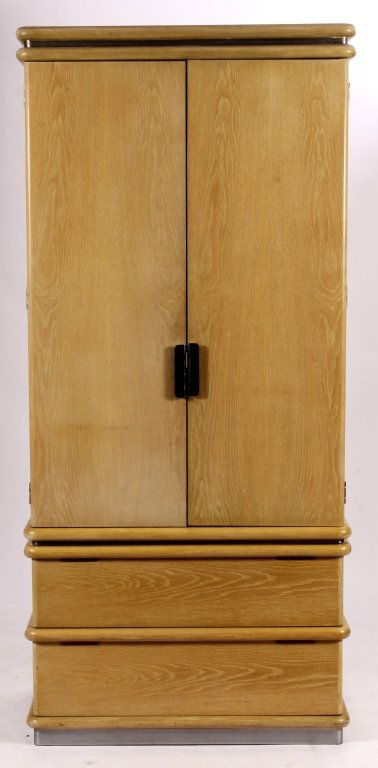 Jay Spectre Armoire, c. 1980, Bleached Oak & Steel: Jay Spectre Armoire in bleached oak with steel trim for Century furniture, American, c. 1980s. The interior is fitted with shelves and drawers. (MEDE8203) {WK} Property Title: Measurements: 82 H x 38