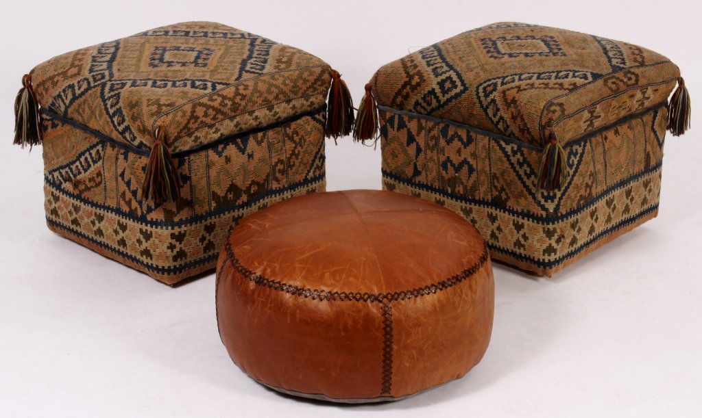 Pair of Kilim Ottomans and a Leather Hassock (1 of 6)