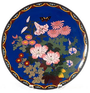 Japanese Cloisonnne Enamel Charger, 19th/20th C.: Japanese Cloisonnne Enamel Charger, 19th/20th C., with floral and butterfly designs on blue ground, the back with fish scale design (JGAR7853){TBK} Property from a Private Estate in Chevy Chase, MD. 