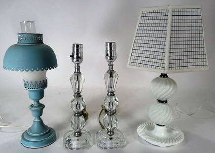 Group of 4 Table Lamps, 20th: Group of 4 Table Lamps, 20th C., includes pair of crystal and metal ,one milk glass and one painted metal, includes one plaid shade. (MTZU9100/4){MM} From a Litchfield Connecticut Home 